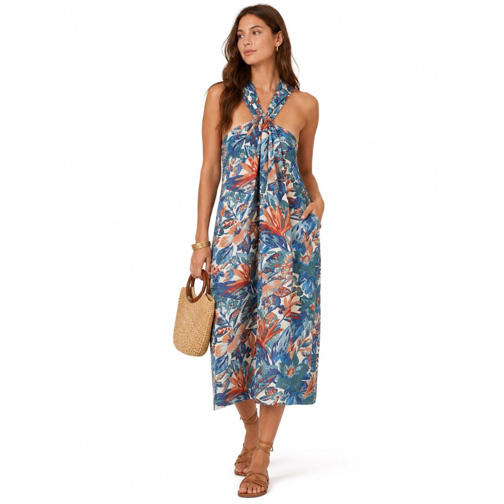 Faherty Organic Cotton Tropical Floral Halter Midi Dress Medium